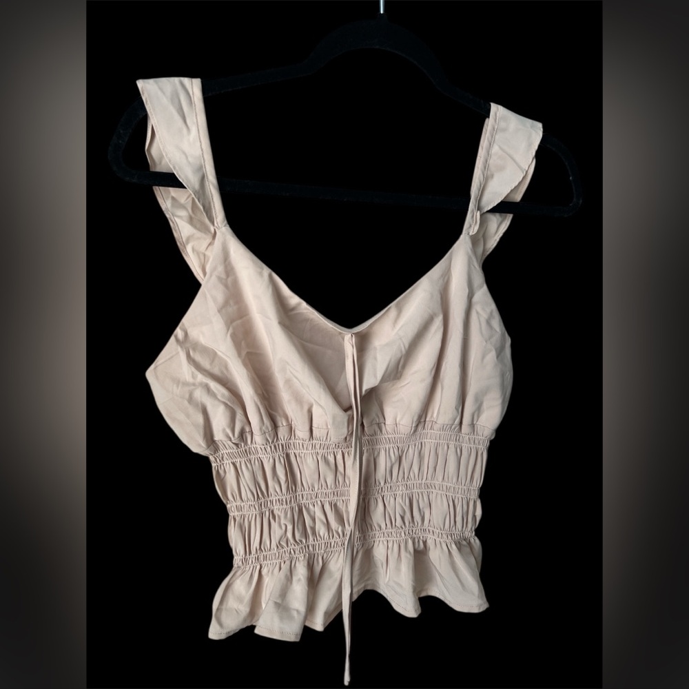 FAVLUX Cream Smocked Tank Top with Ruched Detailing